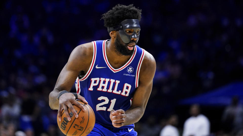 Philadelphia 76ers'  Joel Embiid plays during the second half of Game 3 of an NBA basketball second-round playoff series against the Miami Heat, Friday, May 6, 2022, in Philadelphia.  (AP Photo/Matt Slocum)