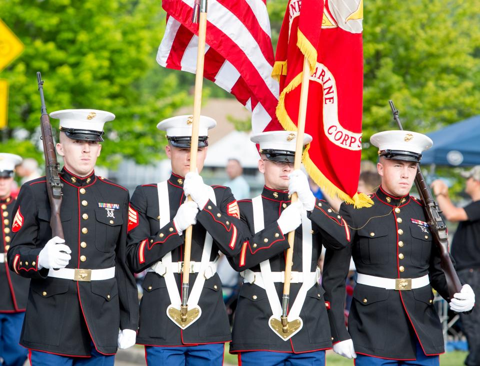 Members of the United States Marine Corps march in the West Side Memorial Day Parade in 2015. Tribune File Photo/BECKY MALEWITZ