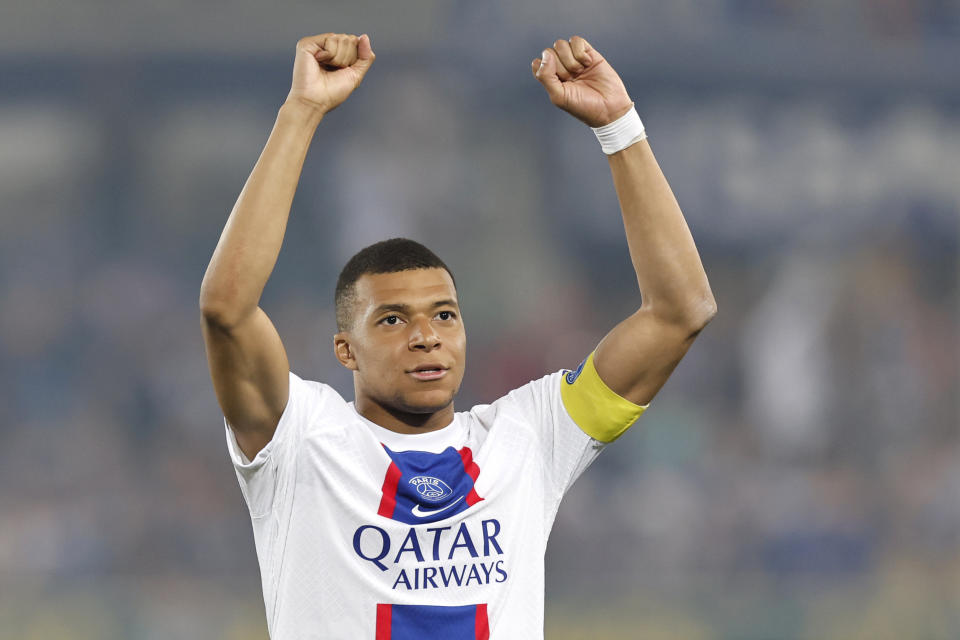 PSG's Kylian Mbappe reacts after the French League One soccer match between Strasbourg and Paris Saint Germain at Stade de la Meinau stadium in Strasbourg, eastern France, Saturday, May 27, 2023. (AP Photo/Jean-Francois Badias)