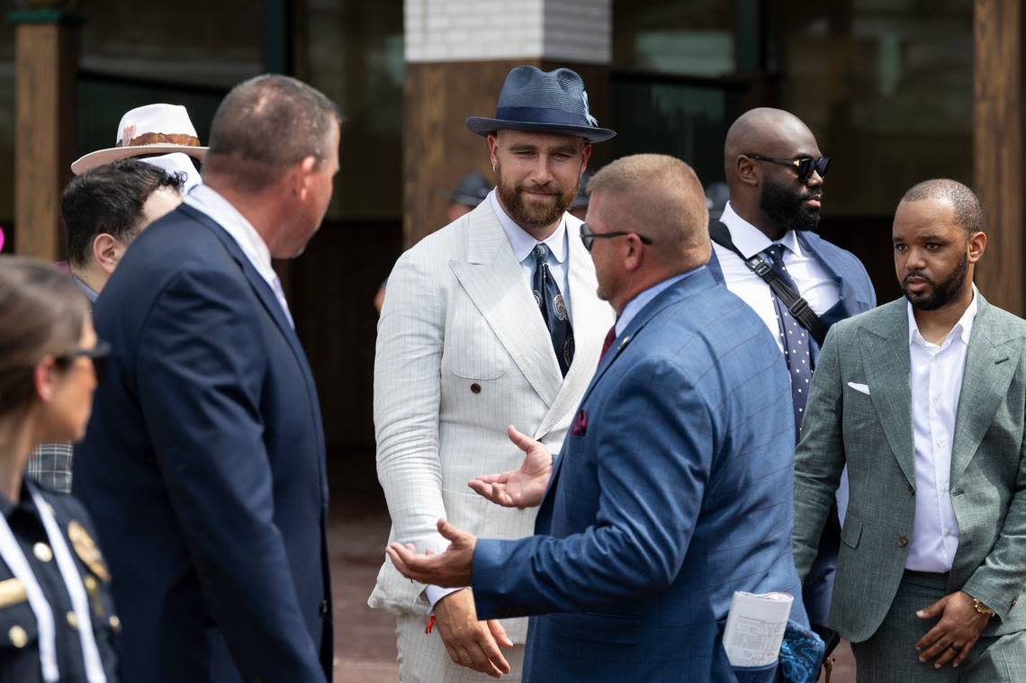 Kansas City Chiefs tight end Travis Kelce (center, white suit), boyfriend to superstar pop artist Taylor Swift, is seen at the 150th Kentucky Derby on May 4, 2024, in Louisville, Ky.