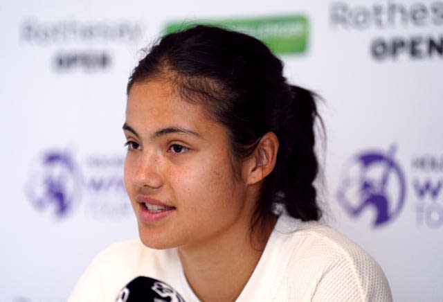 Emma Raducanu speaks at a press conference after her withdrawal 