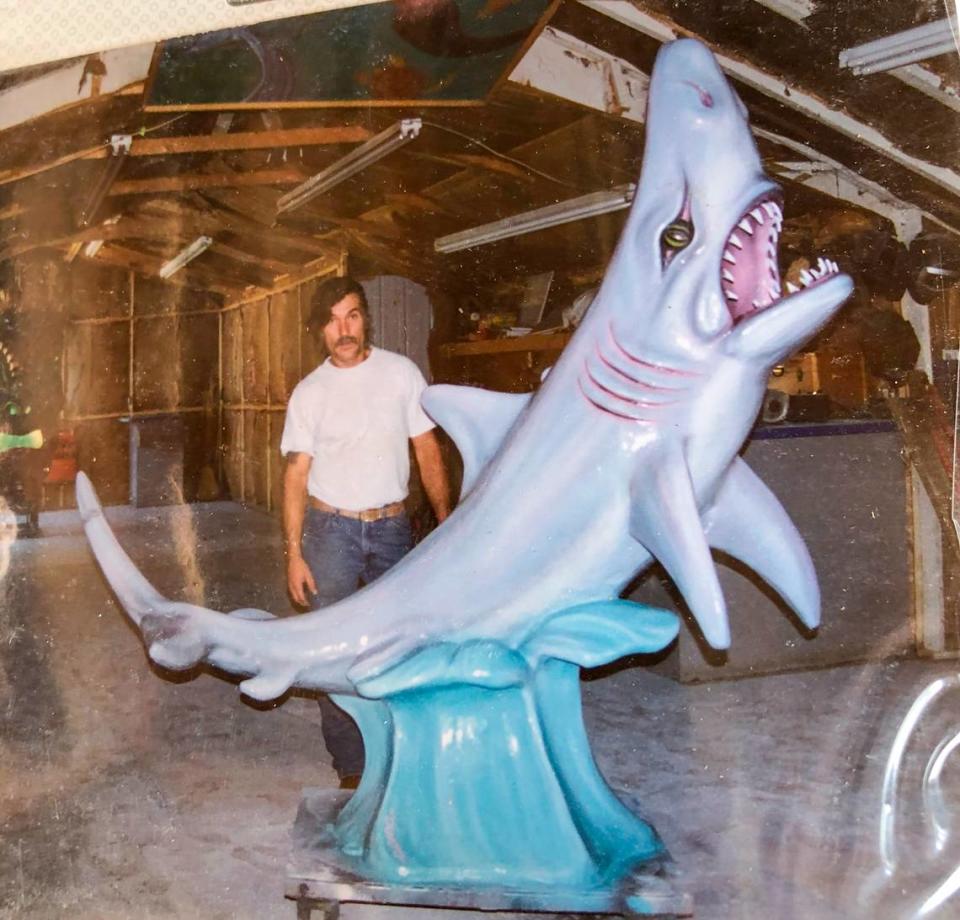 In the early 2000s, Bob Duato built giant sharks other theme sculptures for Myrtle Beach area businesses from his shop Bob’s Original Sculptures and Water Gardens off Pine Island Road in Myrtle Beach, SC.