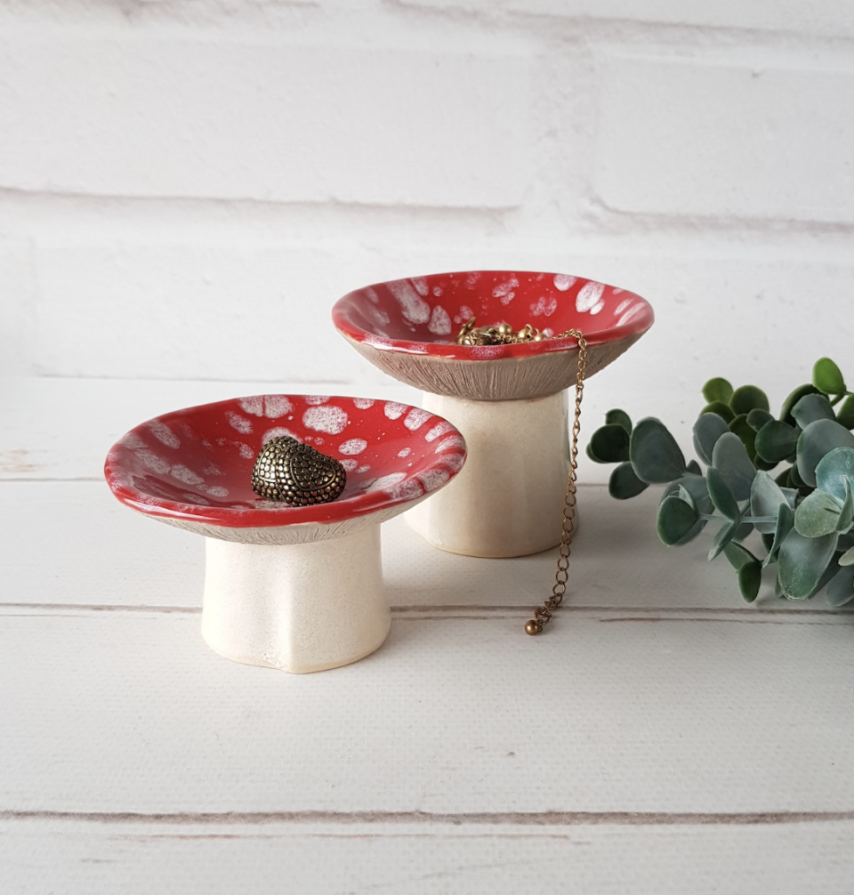 Woodland Mushroom Jewelry Dishes with spotted red bowl and white stalk bottom (photo via Etsy)