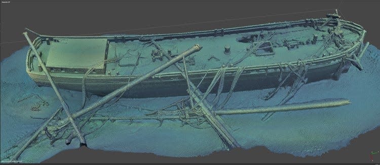 This is an image of a 3-dimensional photogrammetry model created of the remains of the cargo schooner Trinidad, which sank in 1881 in Lake Michigan off the Algoma shore but was just found in July. The model was created from 3,600 high-resolution photos taken during a dive to the site.