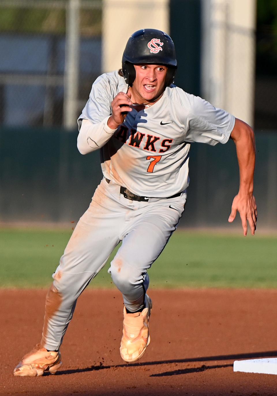 Spruce Creek's Devon Crown (7) rounds second base during the 7A state semifinal vs. Stoneman Douglas last May in Fort Myers.