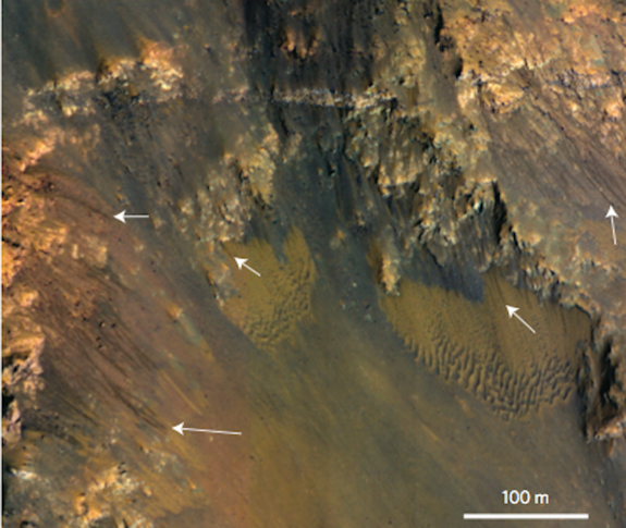 A portion of the Coprates Chasma showing dark streaks on generally north-facing slopes in northern summer and southern winter. Coprates Chasma is a huge canyon that forms part of the Valles Marineris system