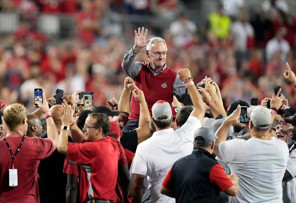 Sep 3, 2022; Columbus, Ohio, USA; Ohio State honored the the 2002 National Championship team and former head coach Jim Tressel between quarters of the NCAA football game between Ohio State Buckeyes and Notre Dame Fighting Irish at Ohio Stadium. Mandatory Credit: Kyle Robertson-USA TODAY Sports