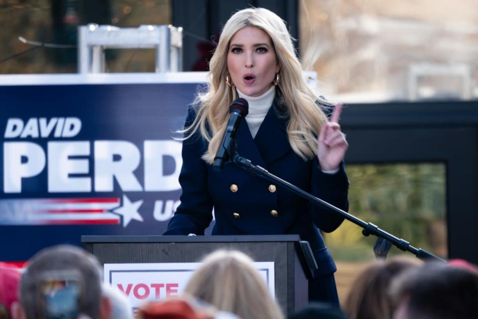 <div class="inline-image__caption"><p>Ivanka Trump speaks during a campaign event with Senators Kelly Loeffler (R-GA) and David Perdue (R-GA) on Dec. 21, 2020, in Milton, Georgia.</p></div> <div class="inline-image__credit">Elijah Nouvelage/Getty Images</div>