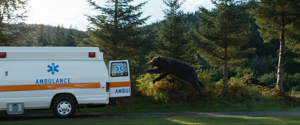 The title bear leaping into the back of an ambulance is "the least real moment" of "Cocaine Bear," says director Elizabeth Banks.