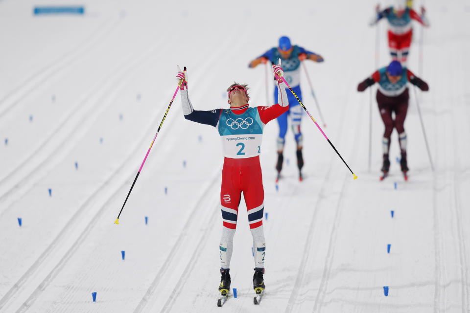 Johannes Hoesflot Klaebo of Norway celebrates after the victory during the Mens Individual Sprint Classic Finals on Feb. 13, 2018. | Nils Petter Nilsson—Getty Images: