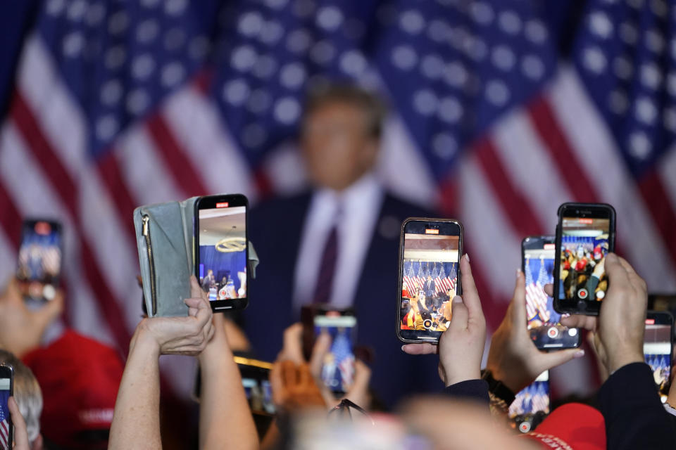 Republican presidential candidate former President Donald Trump speaks at an election night rally on primary election night in Nashua, N.H., Tuesday, Jan. 23, 2024. (AP Photo/David Goldman)