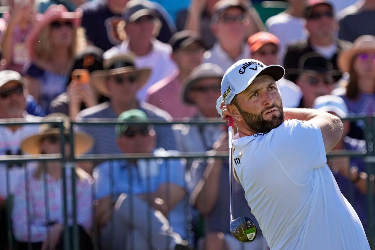 Jon Rahm hits from the first tee during the first round of the WM Phoenix Open at TPC Scottsdale on Thursday.
 CHERYL EVANS/the republic
Feb 10, 2022; Scottsdale, AZ, USA;  Jon Rahm hits from the 1st tee box during Round 1 of the WM Phoenix Open at TPC Scottsdale. Mandatory Credit: Cheryl Evans-Arizona Republic

Golf Wm Phoenix Open Day 1