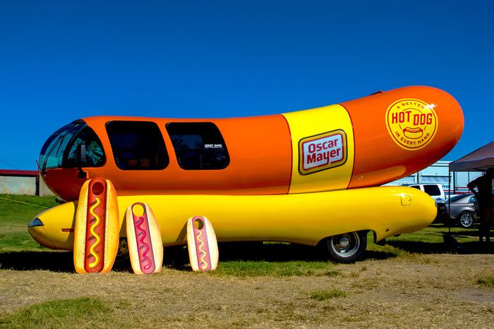 The Oscar Mayer Hot dog wienermobile advertising truck is parked just inside the entrance to the Kansas State Fair, Hutchinson, Kansas, September 15, 2018