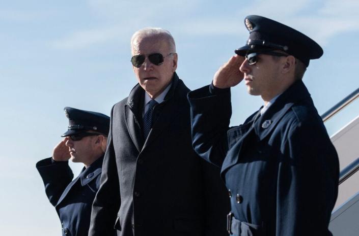 US President Joe Biden arrives at Hagerstown Regional Airport in Hagerstown, Maryland, on February 4, 2023. Biden on Saturday congratulated fighter pilots for taking down a Chinese spy balloon off the east coast after it spent several days flying over the US. &quot;They successfully took it down. And I want to compliment our aviators who did it,&quot; Biden told reporters in Maryland.