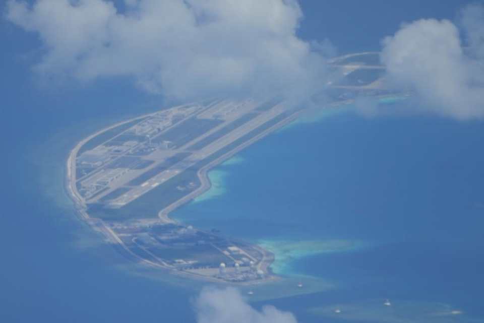 China is said to have militarised several islands in the disputed region. Pictured is Mischief Island in the Spratly group of islands. Source: AP