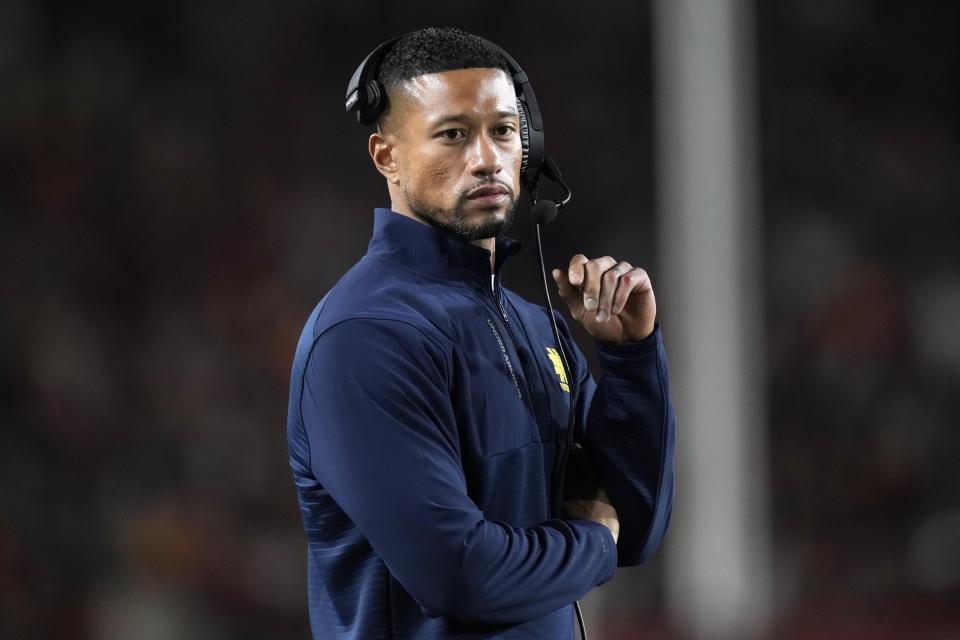 Nov 26, 2022; Los Angeles, California, USA; Notre Dame Fighting Irish head coach Marcus Freeman reacts in the first half against the Southern California Trojans at United Airlines Field at Los Angeles Memorial Coliseum. Mandatory Credit: Kirby Lee-USA TODAY Sports