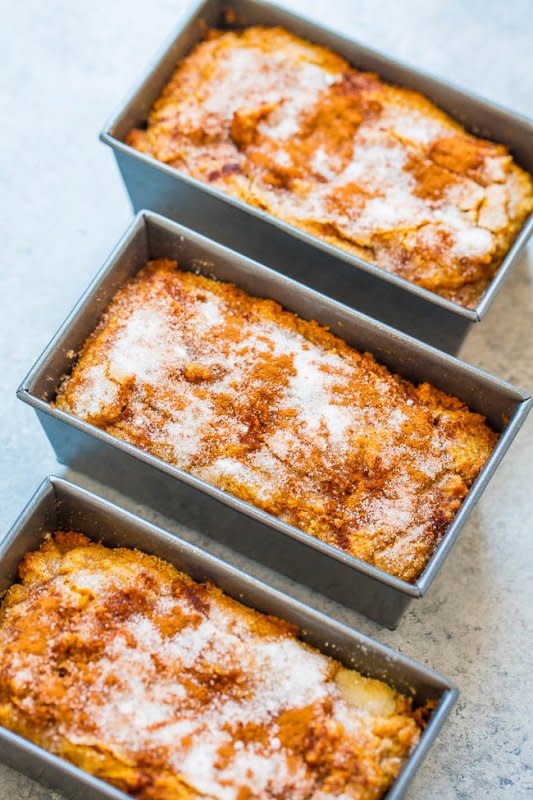 <p>Averie Cooks</p><p>Super soft, tender, moist pumpkin bread with a slightly crunchy cinnamon sugar topping! </p><p><strong>Get the recipe: <em><a href="https://www.averiecooks.com/cinnamon-sugar-pumpkin-bread/" rel="nofollow noopener" target="_blank" data-ylk="slk:Cinnamon Sugar Pumpkin Bread;elm:context_link;itc:0;sec:content-canvas" class="link rapid-noclick-resp">Cinnamon Sugar Pumpkin Bread</a></em></strong></p>
