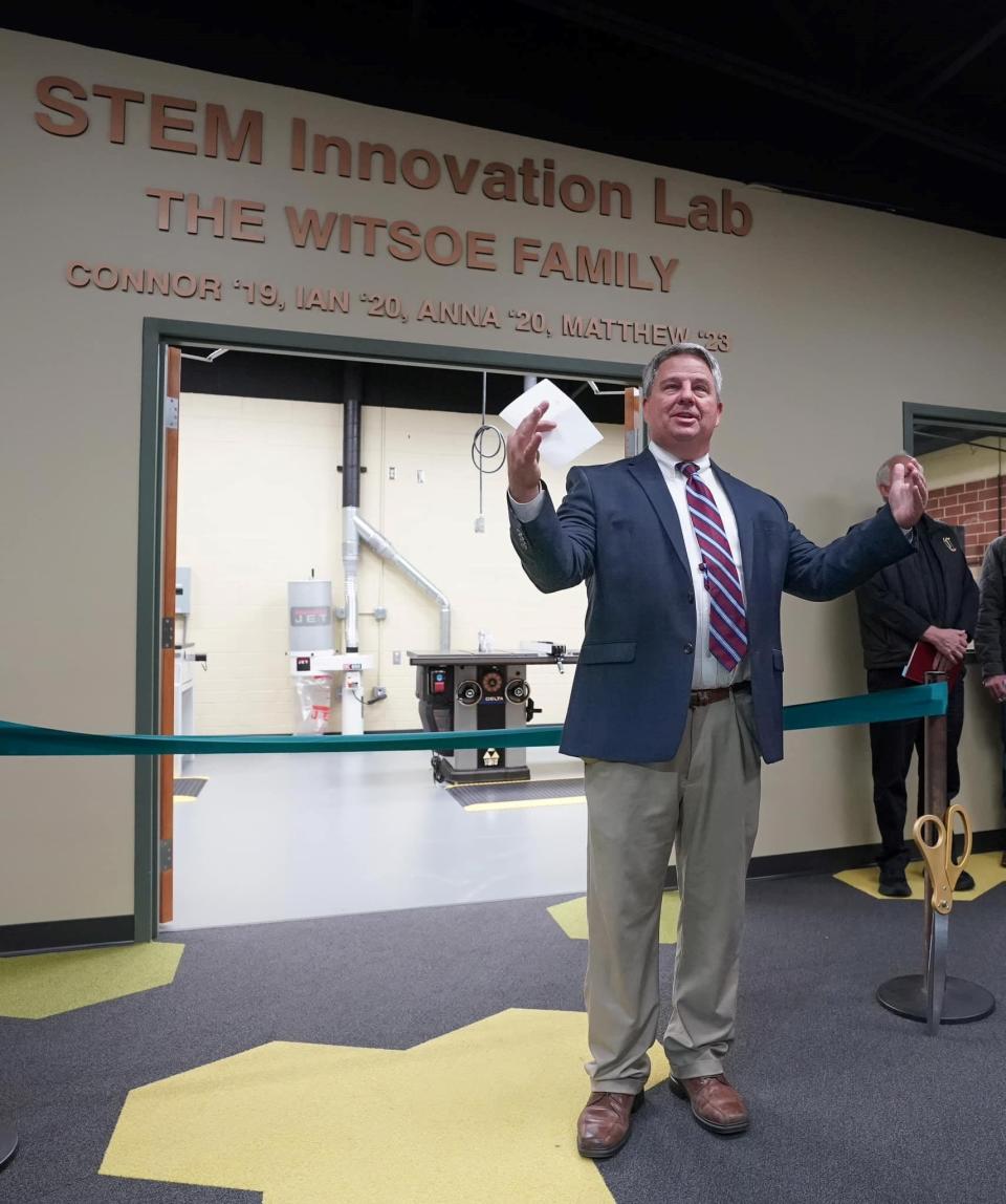 Sompayrac speaks at the dedication of the school's Witsoe Family STEM Innovation Lab on Jan. 9.