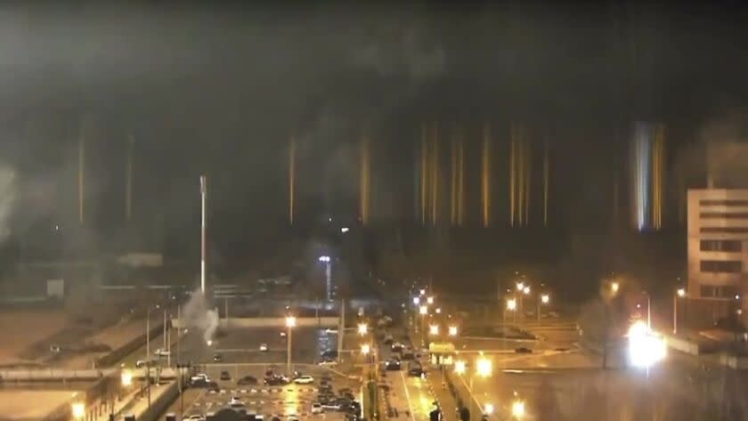 ZAPORIZHZHIA, UKRAINE - MARCH 4: A screen grab captured from a video shows a view of Zaporizhzhia nuclear power plant during a fire following clashes around the site in Zaporizhzhia, Ukraine on March 4, 2022. (Photo by Zaporizhzhia Nuclear Power Plant/Anadolu Agency via Getty Images)