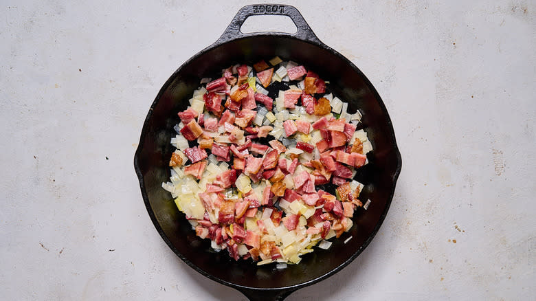 bacon and leeks in skillet