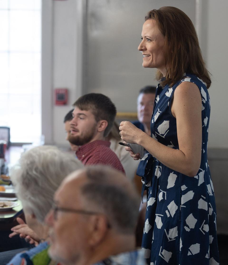 Business strategist and former Haslam administration official Alice Rolli meets with the Davidson County Conservatives at a breakfast at the Golden Corral in Hermitage, Tenn., on Aug. 26, 2023.