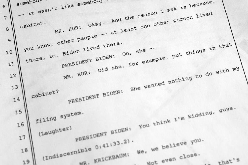 FILE - A photograph of a transcript of a recorded interview between Special Counsel Robert Hur and others, and President Joe Biden, is photographed March 12, 2024 in Washington. The Justice Department says its concerned that releasing audio of President Joe Biden's interview with a special counsel about his handling of classified documents could lead to deepfakes that trick Americans.(AP Photo/Pablo Martinez Monsivais, File)