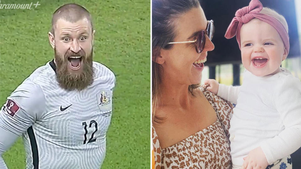 Andrew Redmayne's wife Caitlin says the iconic celebration from the Socceroos keeper was a tribute to their daughter Poppy. Pic: Ch10/Instagram