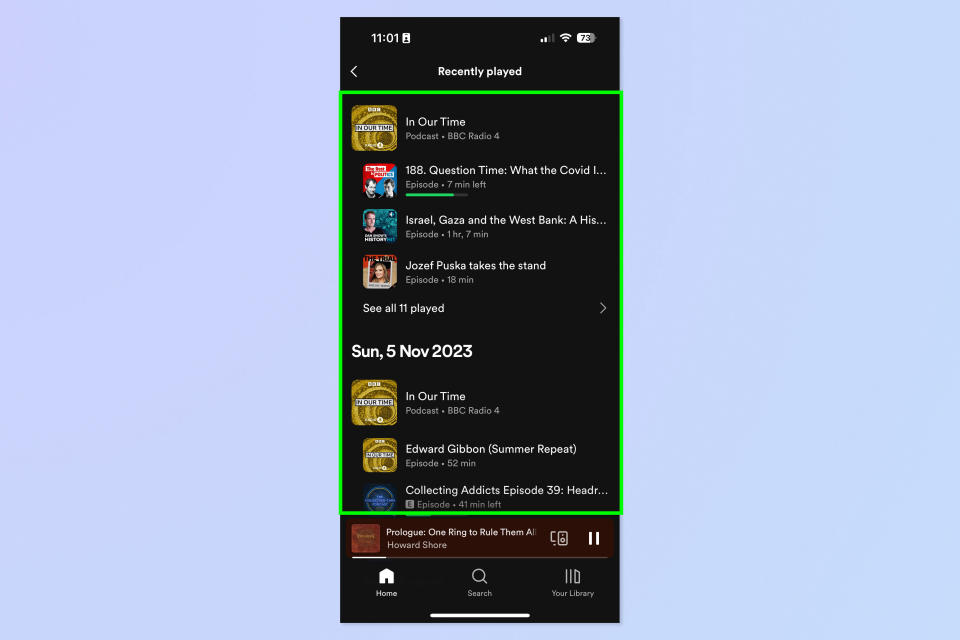 A screenshot showing how to view listening history on Spotify mobile