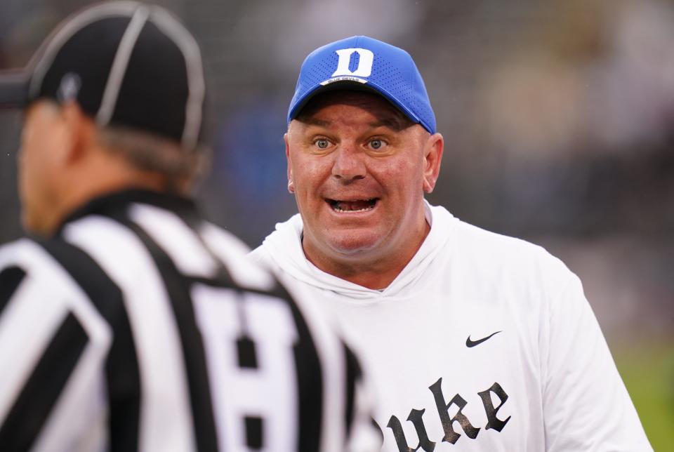 Sep 23, 2023; East Hartford, Connecticut, USA; Duke Blue Devils head coach Mike Elko reacts to a play from the sideline as they take on the UConn Huskies at Rentschler Field at Pratt & Whitney Stadium. Mandatory Credit: David Butler II-USA TODAY Sports