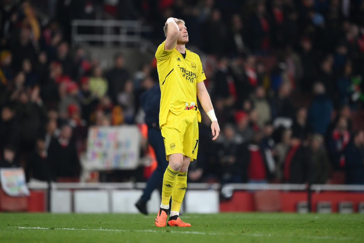 LONDON, ENGLAND - APRIL 21: Aaron Ramsdale of Arsenal looks dejected at the full-time whistle during the Premier League match between Arsenal FC and Southampton FC at Emirates Stadium on April 21, 2023 in London, England. (Photo by Shaun Botterill/Getty Images)