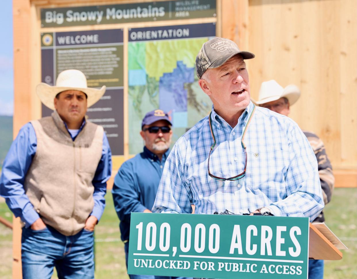 Montana Gov. Greg Gianforte discussing the new Big Snowy Mountains Wildlife Management Area during a press conference on Monday