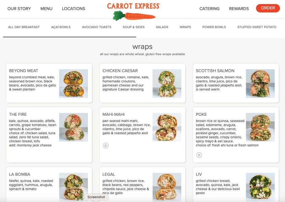The menu at Carrot Express.