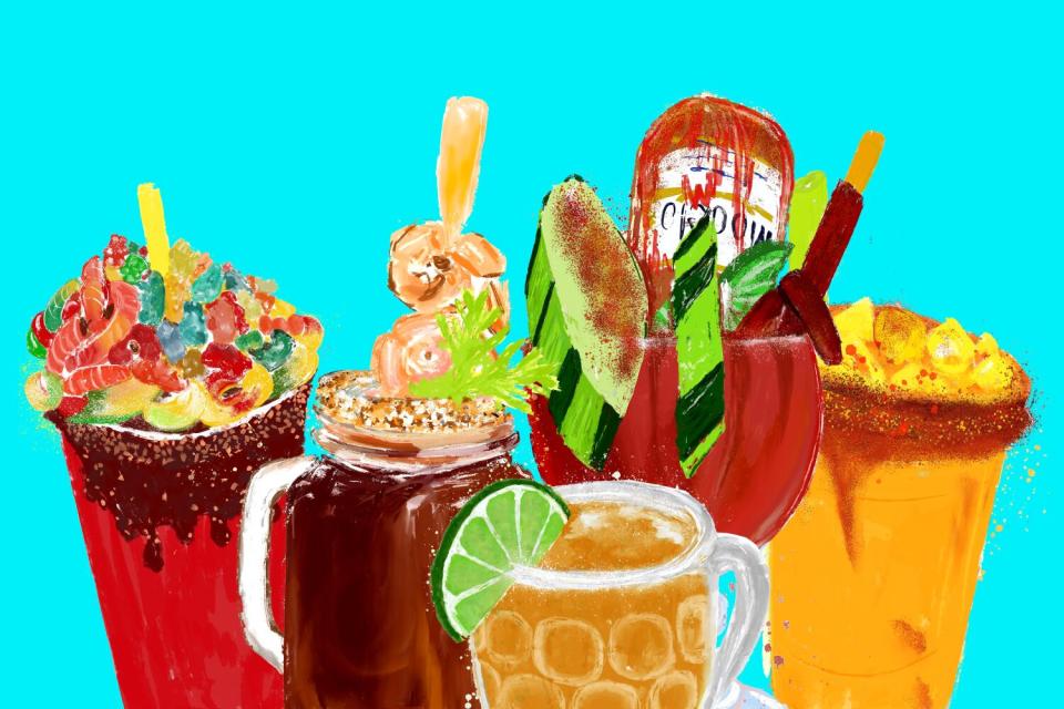 Illustration of five basic types of micheladas: gomichela, michelada botanera, chelada, michelada and michelagua.