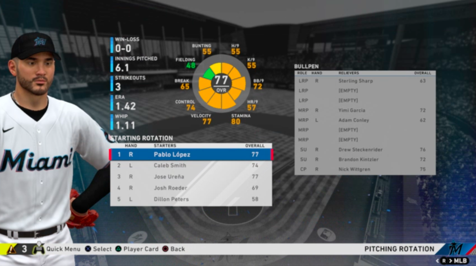 The Marlins' pitching could use work. (Image from "MLB The Show 20" via Yahoo Sports)