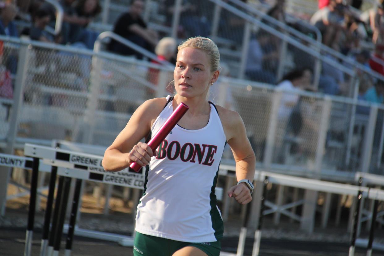 Boone competes in the 4x800 meter relay during the Ram Relays on Monday, April 15, 2024, in Jefferson.