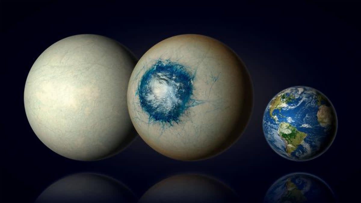 Temperate exoplanet LHS 1140 b may be a world completely covered in ice (left) similar to Jupiter’s moon Europa or may be an ice world with a liquid substellar ocean and a cloudy atmosphere (centre) (Benoit Gougeon, Université de Montréal)