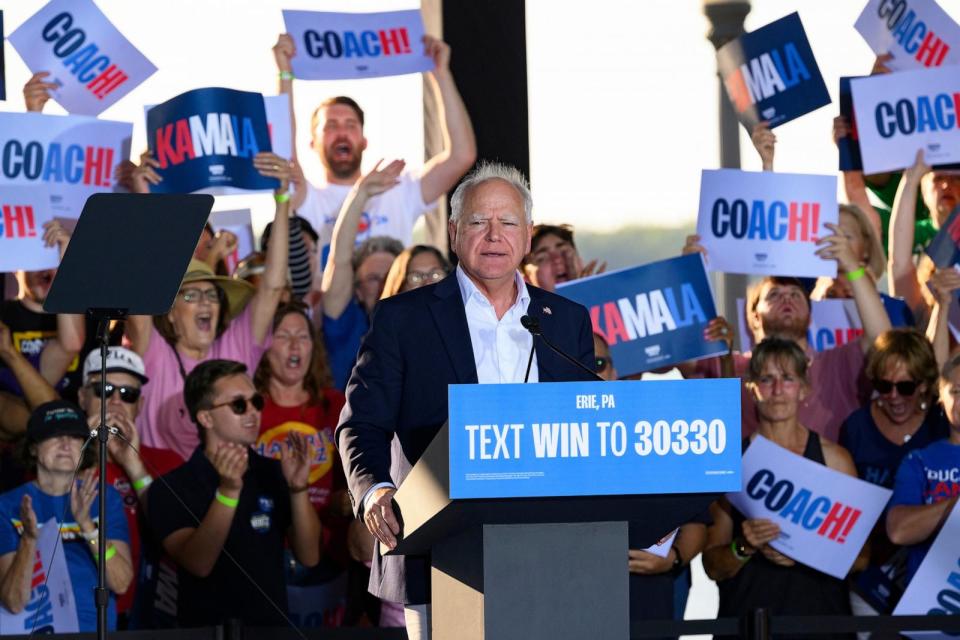 PHOTO: Minnesota Democratic vice presidential candidate Tim Walz speaks to a gathered crowd of supporters during a campaign rally at the Highmark Amphitheater on September 5, 2024 in Erie, Pennsylvania. (Jeff Swensen/Getty Images)