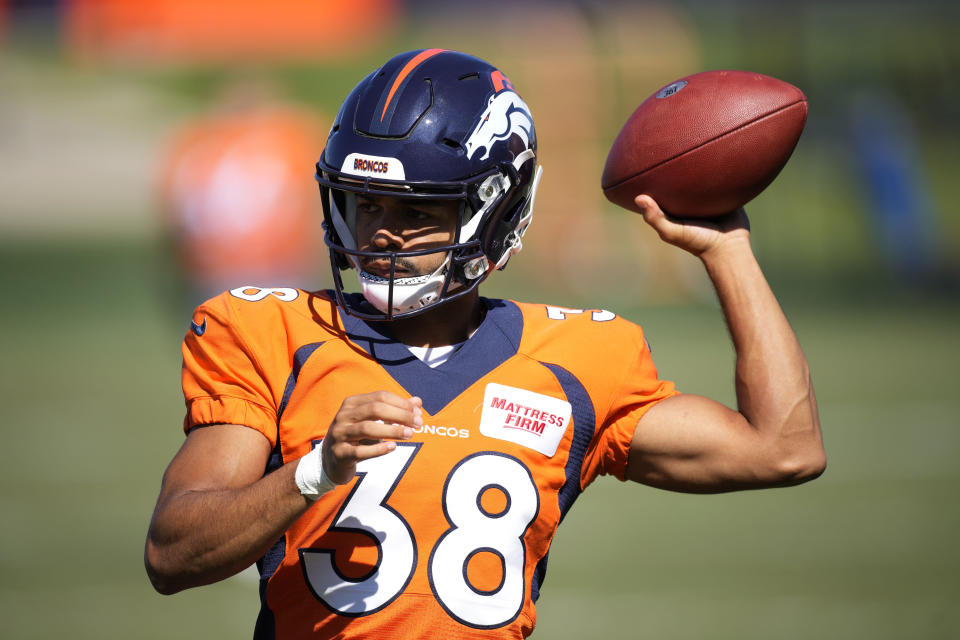 Denver Broncos wide receiver Darrius Shepherd takes part in drills during the NFL football team's training camp Saturday, Aug. 6, 2022, at the Broncos' headquarters in Centennial, Colo. (AP Photo/David Zalubowski)