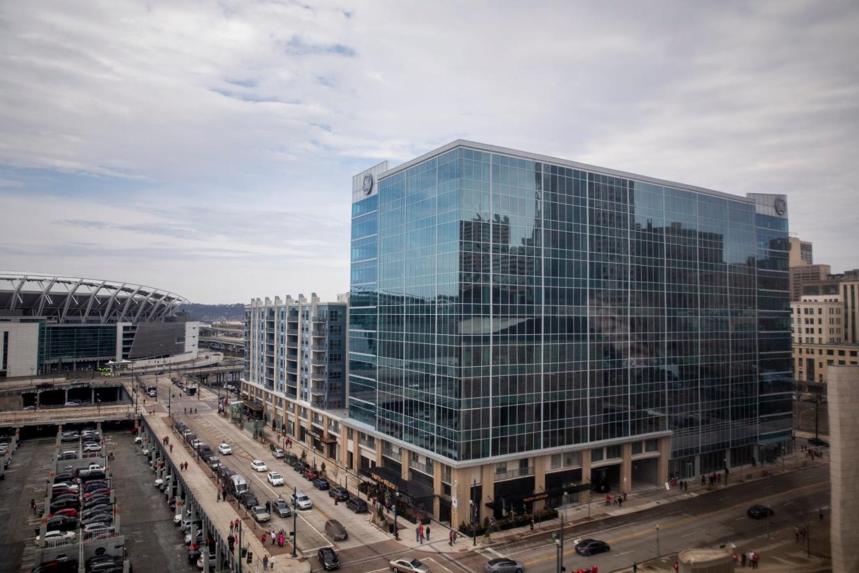 General Electric is official moving out of its office tower at The Banks on Cincinnati's riverfront.