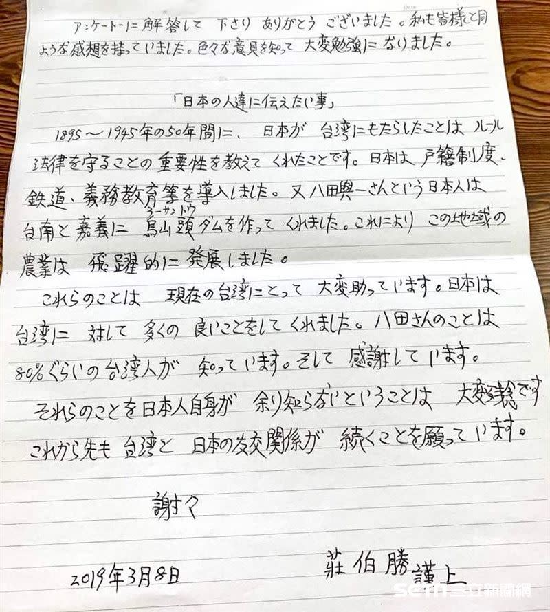 感動福島人的莊先生，當年他還寫了封手寫信。（圖／大和田新授權提供）