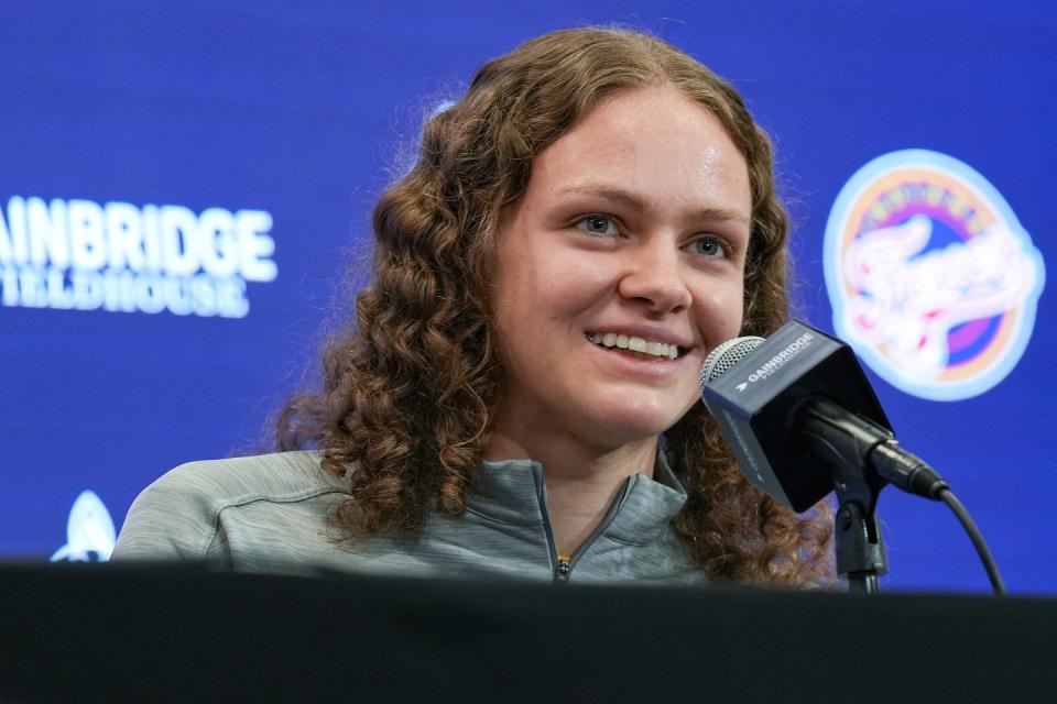 Grace Berger is introduced as a new player for the Indiana Fever on Tuesday, April 18, 2023, at Gainbridge Fieldhouse in Indianapolis. The Fever selected the Indiana Hoosiers standout with the seventh overall pick in the WNBA draft.