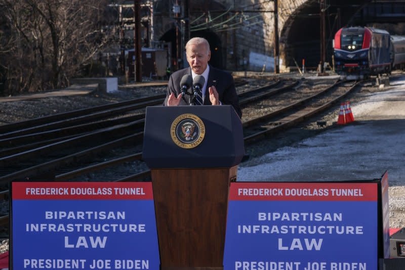 President Joe Biden speaks at Pennsylvania Station near the site of the Baltimore and Potomac Tunnel rehabilitation project funded by the Bipartisan Infrastructure Law on January 30, 2023 in Baltimore City, Md. File Photo by Jemal Countess/UPI