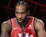 Sep 24, 2018; Toronto, Ontario, Canada; Toronto Raptors forward Kawhi Leonard (2) replies to questions during media day at Scotiabank Arena. Mandatory Credit: Dan Hamilton-USA TODAY Sports