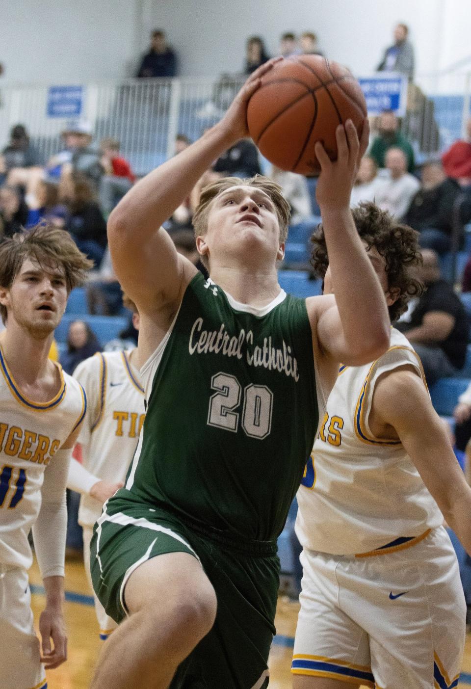 Central Catholic’s Jack Talkington goes up for a shot against Lake Center Christian on Tuesday, Jan. 18, 2022.