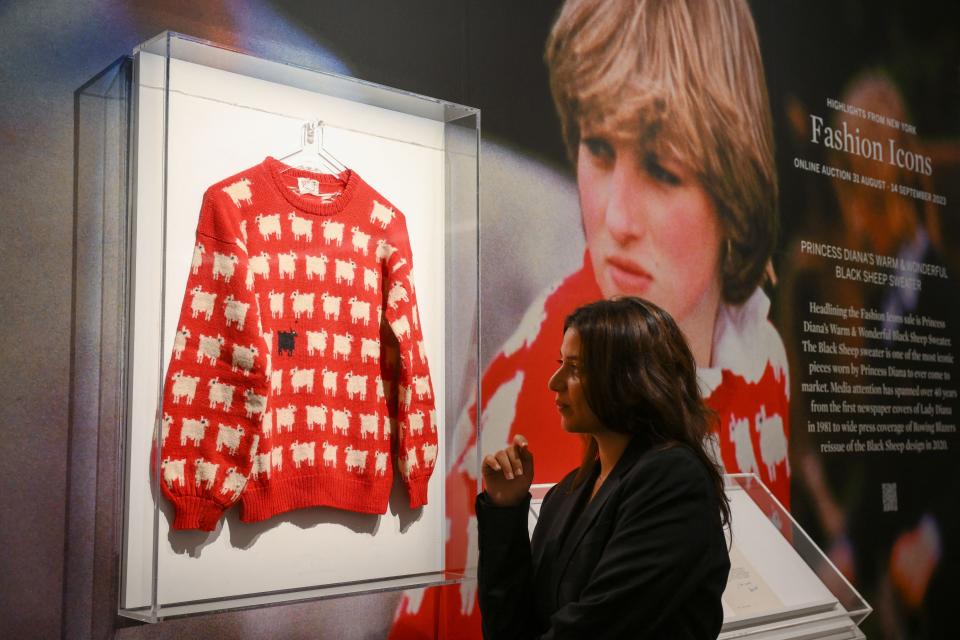 黛安娜王妃生前常穿的「害群之馬」毛衣，以110萬美元天價成交。（AFP）