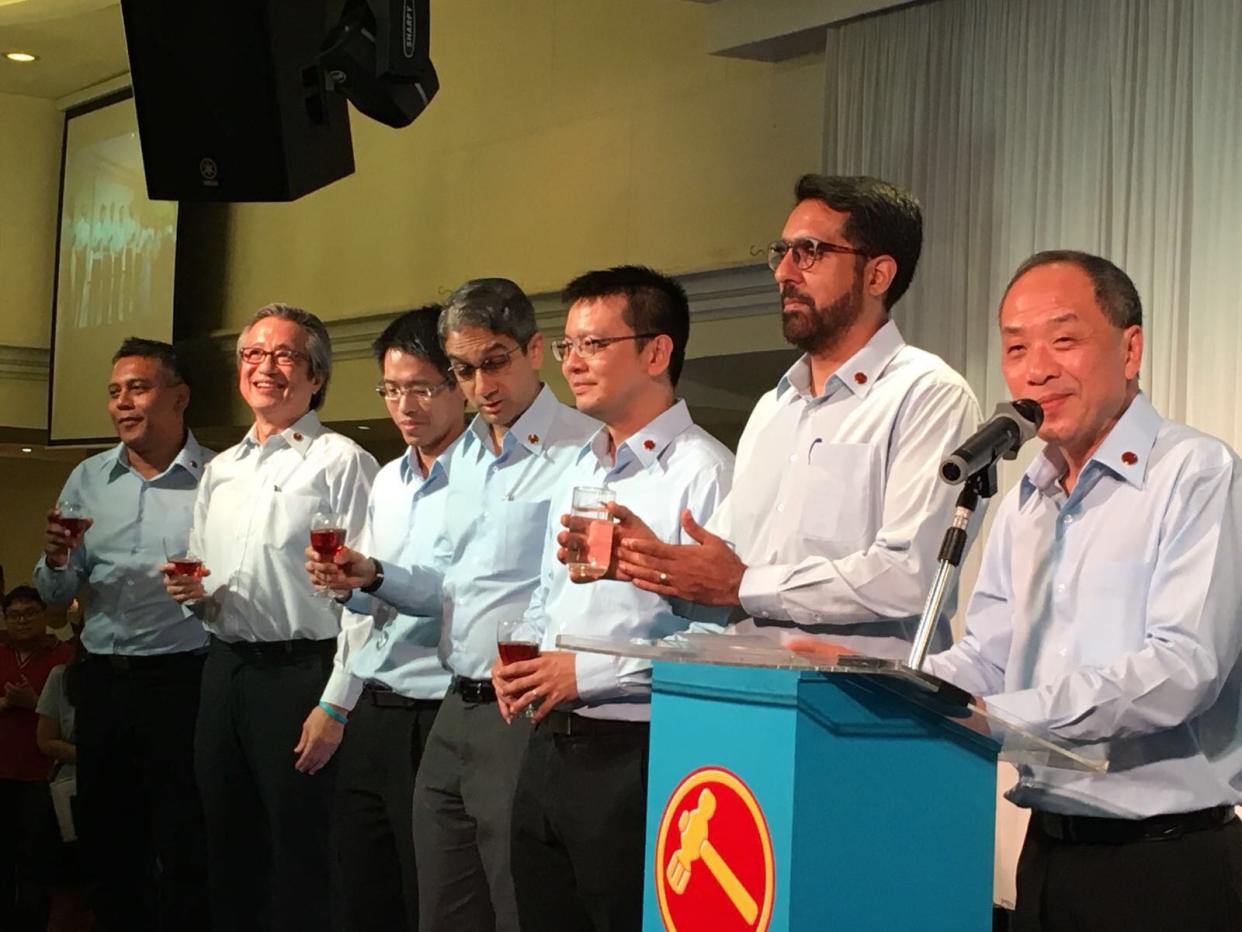 (L-R) Workers’ Party leaders Firuz Khan, Chen Show Mao, Gerald Giam, Leon Perera, Daniel Goh, Pritam Singh and WP chief Low Thia Khiang. PHOTO: Nicholas Yong/Yahoo News Singapore