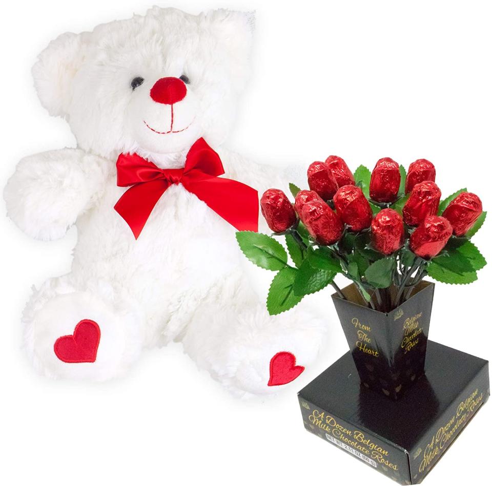 Teddy Bear And Belgian Milk Chocolate Rose Bouquet