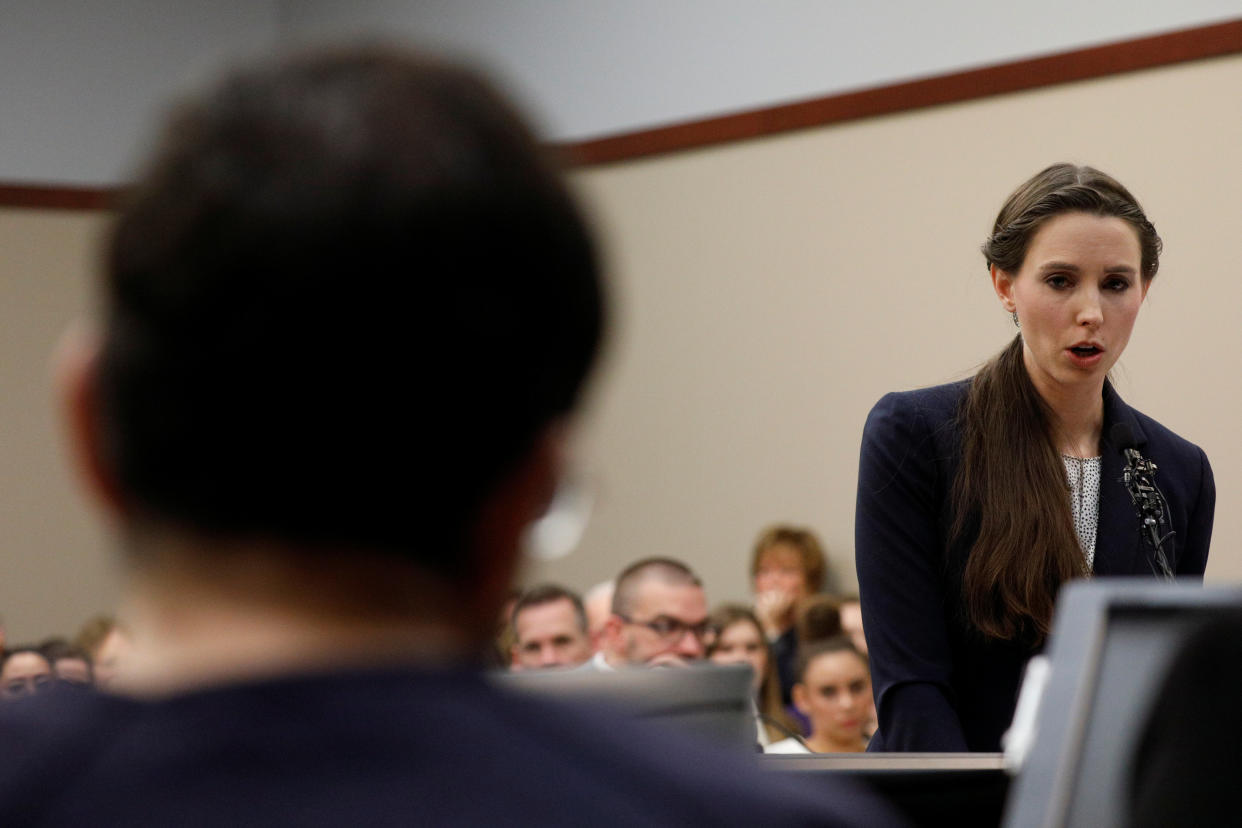 Rachael Denhollander speaks at the sentencing hearing for Larry Nassar in January 2018. (Photo: Brendan McDermid / Reuters)