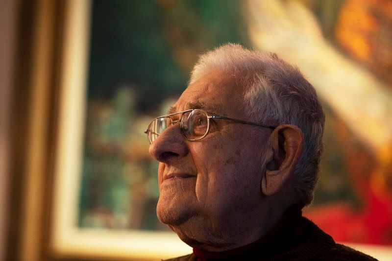 Elyakim Haetzni, an Israeli settler leader looks on during an interview with Reuters in his home in the Kiryat Arba settlement on the outskirts of the Palestinian city of Hebron in the Israeli-occupied West Bank