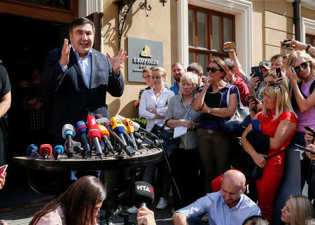Former Georgian President Mikheil Saakashvili speaks during a press conference in Lviv, Ukraine September 11, 2017. REUTERS/Gleb Garanich